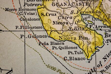 Nicoya Peninsula, Costa Rica - Central America - Selective Focus - Vintage Map. Picture of original old map  dated 1902のeditorial素材