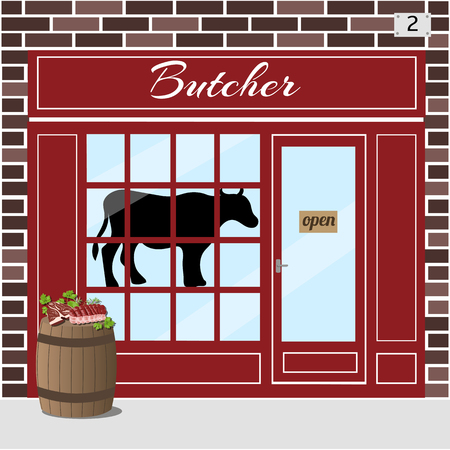 Butcher shop building. Cow sticker on window. Barrel with fresh slices of meat at the fore. Brown brick facade. Vector illustration EPS10.のイラスト素材