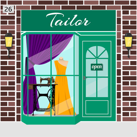 Tailor store. Atelier. Facade of brown stone. Dummy in evening dress and treadle sewing machine in window. Vector illustration. EPS 10のイラスト素材