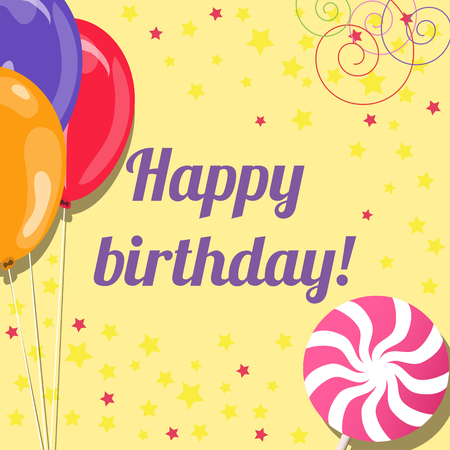 birthday card with colored balloons and lollipop, vector illustrationのイラスト素材