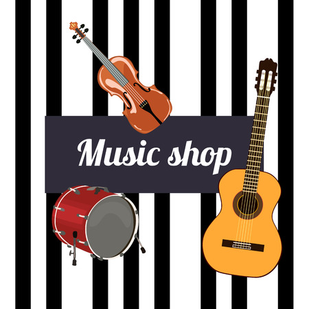 Music shop Sign. Musical instruments and black keys on the background. Violin, guitar and drum.のイラスト素材