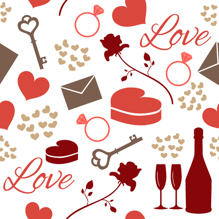 Seamless pattern for valentine's day or wedding day with bottle, glasses, rose, key, letter, ring, heart etcのイラスト素材