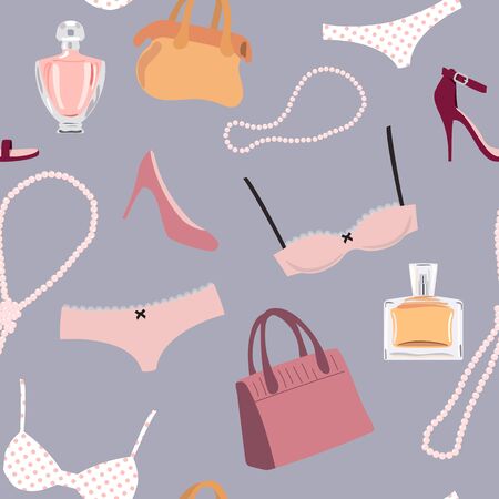 Seamless pattern woman accessory. Shoes, perfume, lingerie, pearl necklace, bags.のイラスト素材