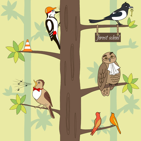 Seamless pattern cartoon birds on a tree. Owl, woodpecker, magpie, nightingale. Vector illustration, can be used for creating card or for wallpaper and textile.のイラスト素材