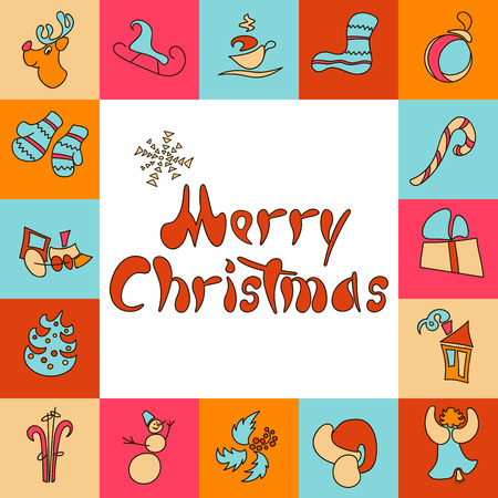 Holiday objects collection. Christmas theme with toy, train, cute angel, woolen socks, house. Set of Christmas icons. Can be used as icons, wallpaper, wrapping paper, decoration. banner.のイラスト素材