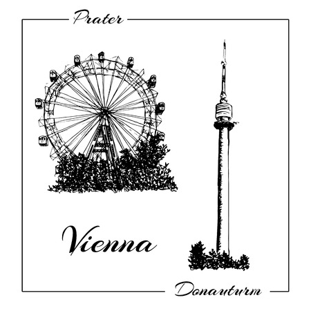 Vienna prater and donauturm. Vector hand drawn sketch illustration. can be used at advertising, postcards, printsのイラスト素材