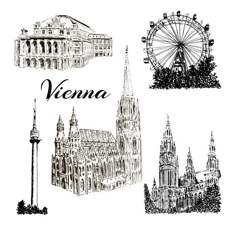 Set of Vienna symbols. Donauturm, Stephansdom, Rathaus, Prater, Vienna State Opera House. Wiener Staatsoper. Vector hand drawn sketch illustration.のイラスト素材