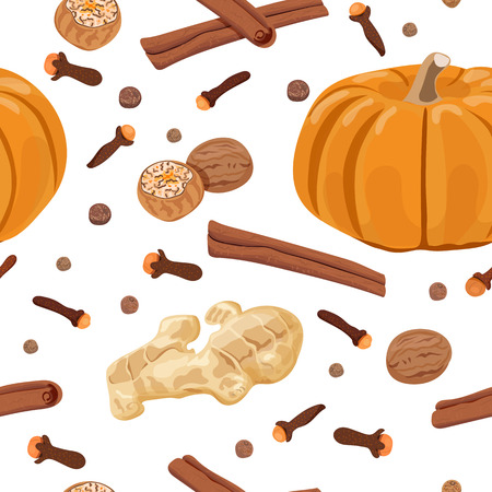 Pumpkin spice. seamless pattern vector set. Nutmeg, ginger, cloves, cinnamon, allspice. Set for pumpkin cakes, pie, latte, coffee. For food design, restaurant, cafe. For wallpaper, packing, wrappingのイラスト素材