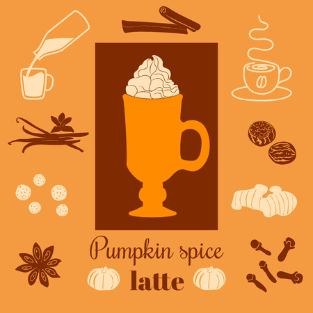 Pumpkin spice latte. Vector illustration with pumpkins, nutmeg, ginger, cloves, cinnamon, allspice, star anise, coffee cap, whipped cream and text on ginger background. For menu, cafe, tag, labelのイラスト素材