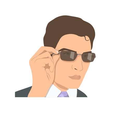 Face of attractive young man in sunglasses. Businessman rearranging brown spectacles.のイラスト素材
