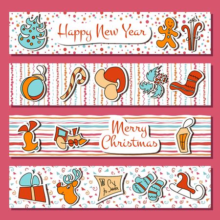 Christmas and New Year eve time set in stripes. Four horizontal stripes with deer, bell, toy, gingerbread, candy cane, fir, sock,, lantern. greetings postcard, banner, elements for prints decorationのイラスト素材