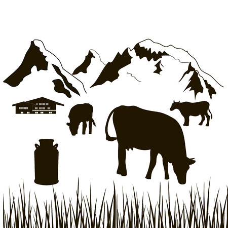 cows,milk can, grass and house on a mountains background. Dairy production silhouette. Cattle farm. Alpine background. For   price tag, banner, advertising, prints, design elements, sticker, labelのイラスト素材