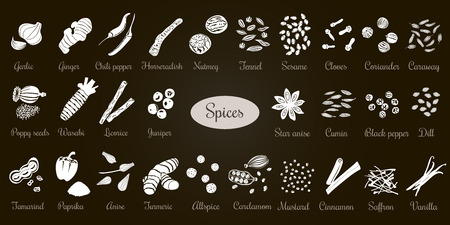 Big vector set of popular culinary spices White Silhouettes on black. Ginger, chili pepper, garlic, nutmeg, anise etc. For cosmetics, spa, health care. Can be used as logo design, price tag, labelのイラスト素材