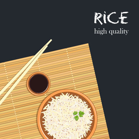 Rice in ceramic bowl with chopsticks. Kitchen bamboo mat, sauce tureenのイラスト素材