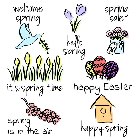 Welcome to spring set. First flowers, birds, lettering, Easter, birdhouseのイラスト素材