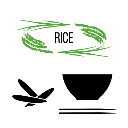 Set of rice plants and bowl with long-grained rice and chopsticks on white. Flat cartoon vector icons. For culinary, cafe, fastfood, shop, restaurant. Can be used as label, poster advertisingのイラスト素材