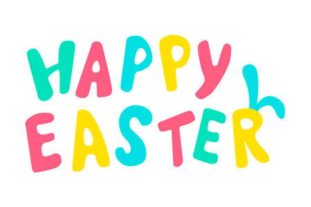 Happy easter card with rabbit ears. Typographical Background With funny signs. Hand drawn colored lettering For greeting cards, template, poster, bannerのイラスト素材