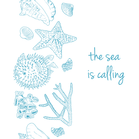 Sea is calling. Marine postcard with seashells, corals, puffer fish and starfish. sketch style.のイラスト素材