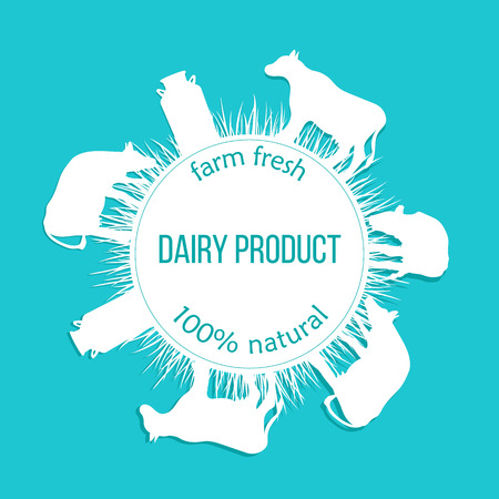 Cows silhouettes and a milk can on blue background. Round emblem.のイラスト素材