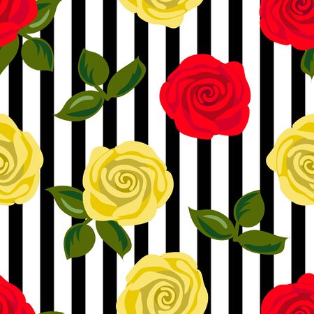 Seamless pattern with red and yellow rose flowers on black stripes. Vector illustration.のイラスト素材