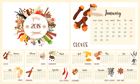 2018 Calendar Planner Design. Culinary spices. cloves, garlic, turmeric, cardamom, vanilla, nutmeg, cinnamon, chili pepper, coriander, ginger, black pepper, star aniseのイラスト素材
