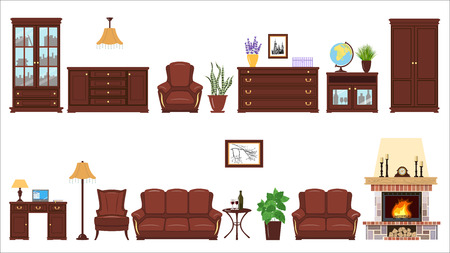 Big realistic Set of home furniture elements for cabinet, library, parlour.のイラスト素材