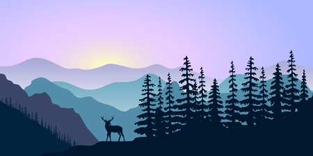 Landscape with silhouettes of deer, mountains deer and forest at sunrise. Vector illustration.のイラスト素材
