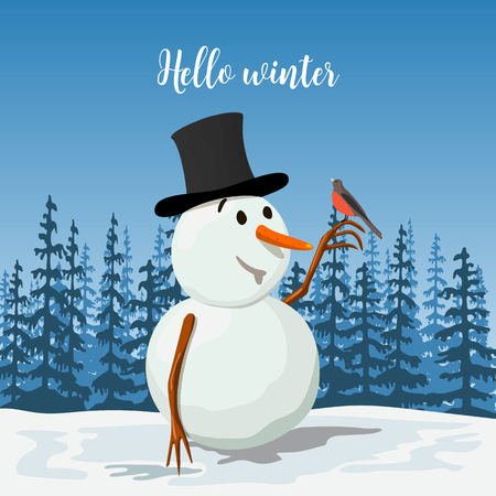 Precious Snowman in a hat. Smiling Frosty with a bullfinch bird. Sunny landscape with silhouette of forest. Vector illustrationのイラスト素材