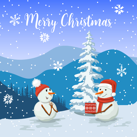 Friendly Snowmen in a santa hat. Smiling Frosty with a gift box. Snowwoman. View of of Winter landscapeのイラスト素材