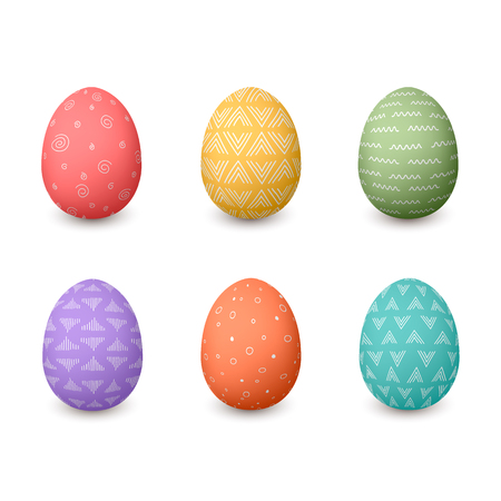 Happy Easter eggs. Set of whtie Easter eggs with different simple textures on golden white background isolatedのイラスト素材