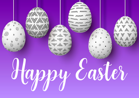 Happy Easter. Set of white pending easter eggs with different simple ornaments on purple background.のイラスト素材
