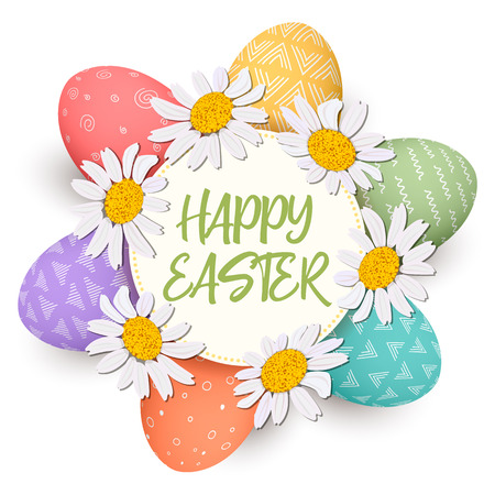 Happy Easter. Festive colorful easter eggs in circle with daisy heads. isolated. colorful eggs and wreathのイラスト素材