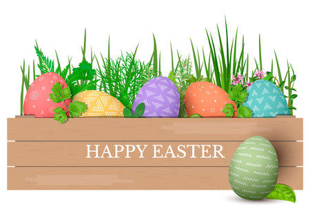 Happy Easter. Easter colorful eggs in row in brown wooden crate with cooking herbs. box with simple ornaments. floral decoration. vector illustration. Postcard template, advertising, gifts, design,のイラスト素材