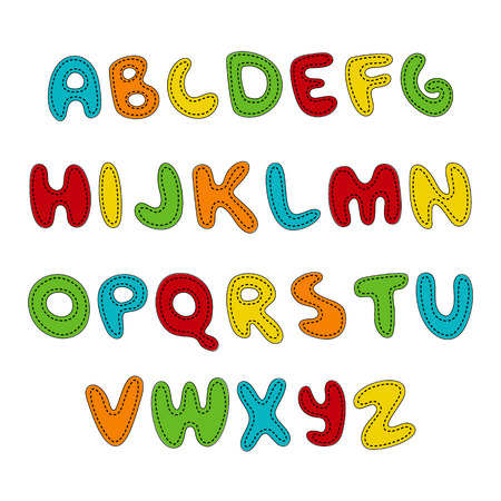Hand written display colored font, Kid style. ABC. Stitched, patched, sewed, Decorative funny Vector alphabet and numbers. Hand drawn text. For quotes decoration invitations gamesのイラスト素材
