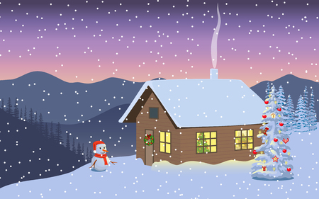 Winter evening twilight, night with illuminated house, snowman in santa hat, distant mountains, decorated x-mas tree, Snow flurry, chimney smoke, forest. Vector illustration. For web prints decorationのイラスト素材