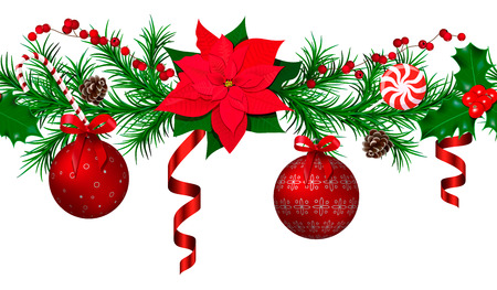 Christmas and new year decoration garland template with fir tree, red ornated metallic shiny christmas balls, curled ribbons, bow, holly berry, cone, candy cane. Place for text vector illustrationのイラスト素材