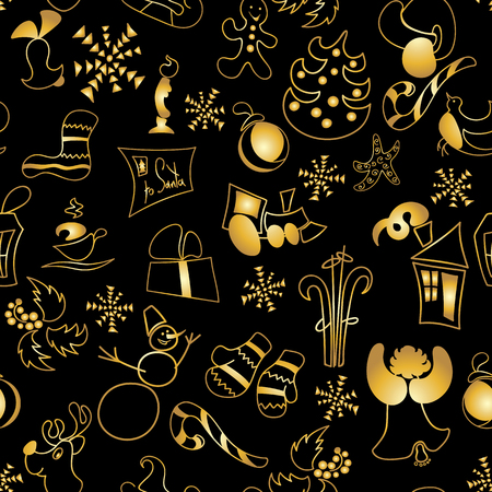 Christmas toys and stickers seamless pattern. golden ornated metallic objects on black. gift, deer, bell, gingerbread, candy cane, snowman, snowflake, greeting letter skates angel Vector illustrationのイラスト素材