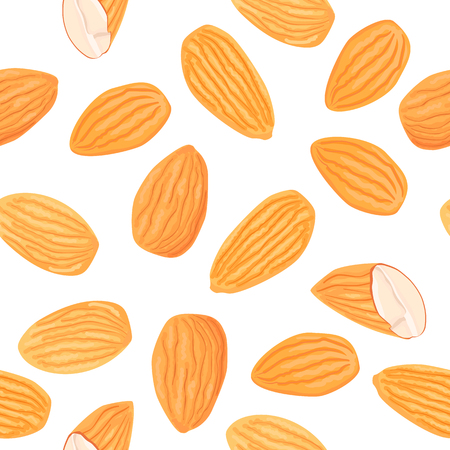 Almond on white background. Top view. Seamless vector pattern. Food healthcare cosmetics ointments oil. For cloth, decoration, wrapping, background, packageのイラスト素材