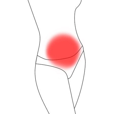 Slim woman body silhouette in panties. Gynecology, menstruation, digestion problem. Woman belly with red circle.のイラスト素材