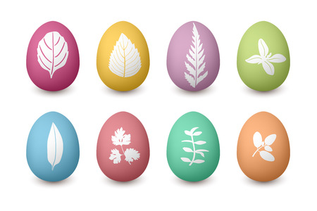 Happy Easter colored eggs with herbal silhouettes. Shabby structure Set of red, green, blue, pink, purple, yellow, brown.のイラスト素材