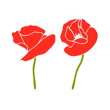 Poppy two red flowers heads and stems. Side view. Flat style. Scarlett petals. Day of Remembrance.のイラスト素材