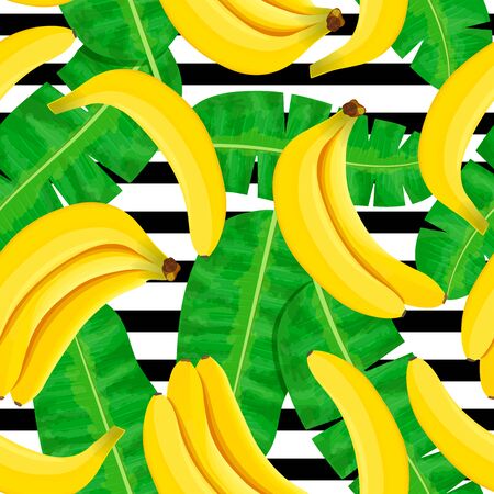 Bunch of Ripe bananas on white background. Striped seamless pattern. Whole fruits and green leaves.のイラスト素材