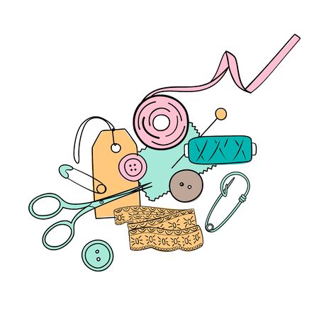 Sewing threads set. scissors, pin, patch, needle, safety pin, tag, label, silhouette ink pen. Hand drawn engraving illustration, Safety pin minimalism sketch styleのイラスト素材