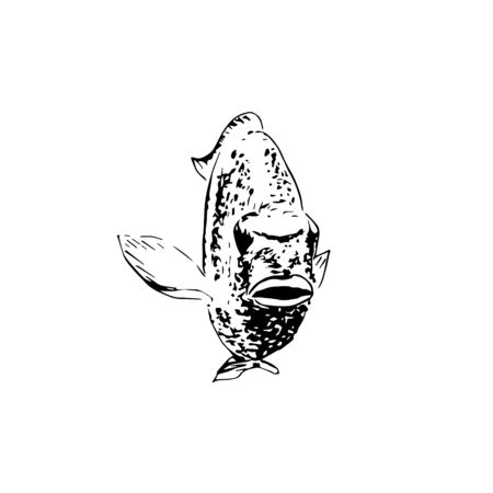 Vector aquarium golden fish silhouette hand drawn illustration. Ink pen sketch style. iconのイラスト素材
