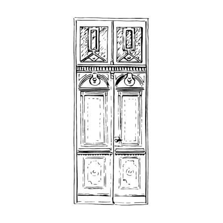 A weathered vintage high wooden double door silhouette. hand drawn illustration. Ink pen sketch style. icon for your design, prints, wallpaperのイラスト素材