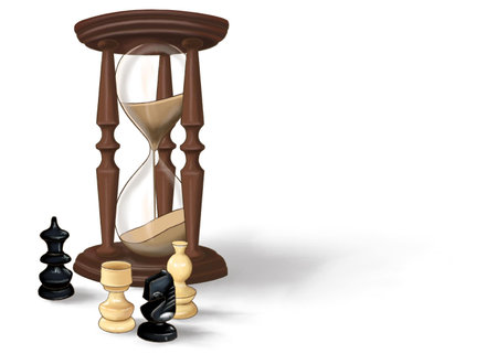 chess piece, and sand glass on board isolated at white background