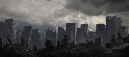 Destroyed city, skeleton like ruins beneath a dark sky.