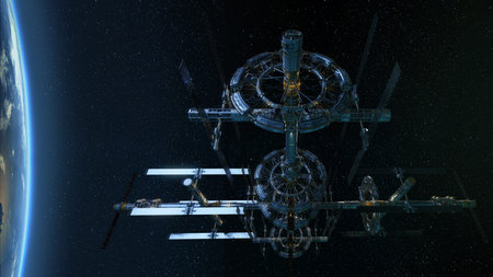 3d illustration of a space station in orbit around Earth.