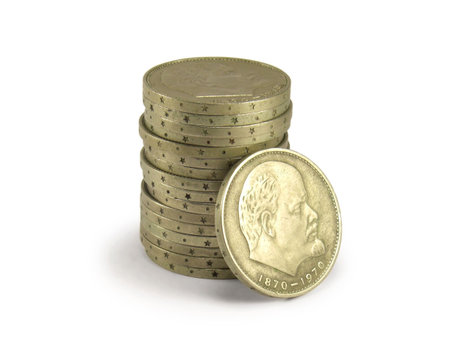 Stack of USSR 1970 anniversary one rouble coins dedicated to 100 years from Vladimir Lenin's birth.の写真素材