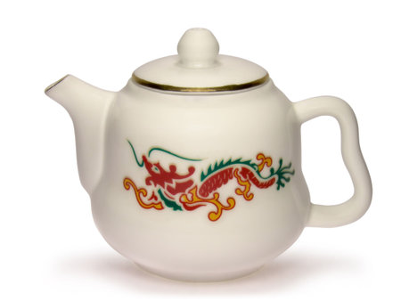 White chinese teapot with red dragon picture isolated on white background.の写真素材